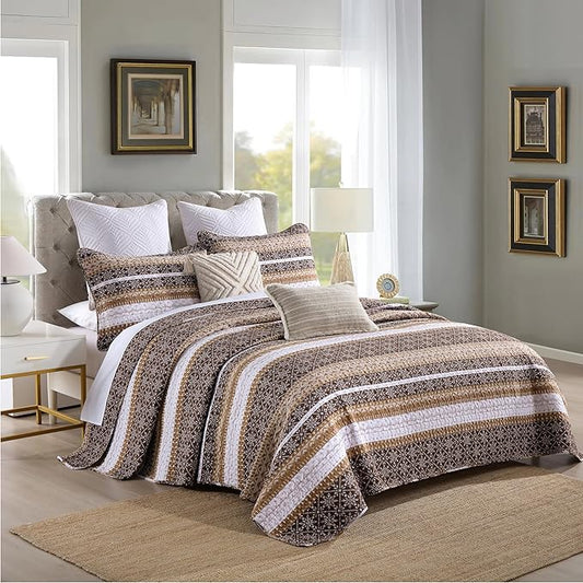 Homzard Brown Quilts Queen Size,Boho Cotton Comforter Set Queen Size,Brown White Snowflake Striped Quilted Bedspread Set,Bohemian Lightweight Comforter Bedding with 2 Pillow Shams