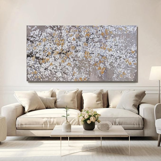 Large Botanical Wall Art Floral Canvas Landscape Wall Art Textured Picture Abstract Botanical Modern Gold White Print Artwork For Living Room Bedroom Office Home Decor 30"X60"