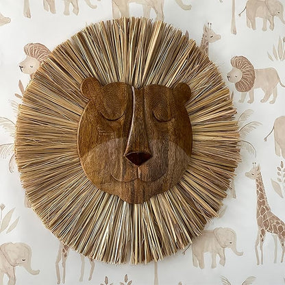 Crane Baby Handmade Wood Animal Safari Wall Art for Nursery Decor, Boho Jungle Theme, for Boys and Girls Lion 21L X 21W Brown