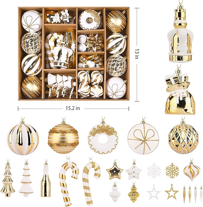 SHareconn 70pcs 2025 Classic Christmas Balls Ornaments Set, Shatterproof Plastic Baubles, Ribbon and Tree Topper for Xmas Tree Holiday Wedding Party Decorations with Hanging Strings, White and Gold