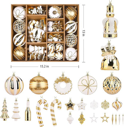 SHareconn 70pcs 2025 Classic Christmas Balls Ornaments Set, Shatterproof Plastic Baubles, Ribbon and Tree Topper for Xmas Tree Holiday Wedding Party Decorations with Hanging Strings, White and Gold