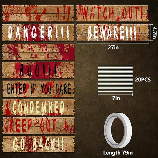 10 pcs Halloween Haunted Window Boards, 27''x 4.7'' Scary Window Warning Signs, Waterproof Bloody Beware Door Board Signs for Outdoor Halloween House Decoration Horror Themed Party
