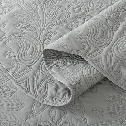 HoneiLife Quilt Set Queen Size - 3 Pieces Queen Quilt Bedding Set Microfiber Quilt Sets Lightweight Bedspreads Reversible Coverlets Retro Bed Cover Floral Bedding Set All Season Quilts-Light Grey