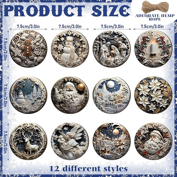 Suzile 36 Pcs Christmas Wooden Ornaments Vintage Christmas Decoration White Sculpture Hanging Decor Retro Round Santa Claus Snowman Tree Decoration for Farmhouse Xmas Home Wreaths Winter Party