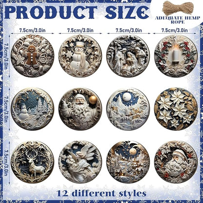 Suzile 36 Pcs Christmas Wooden Ornaments Vintage Christmas Decoration White Sculpture Hanging Decor Retro Round Santa Claus Snowman Tree Decoration for Farmhouse Xmas Home Wreaths Winter Party