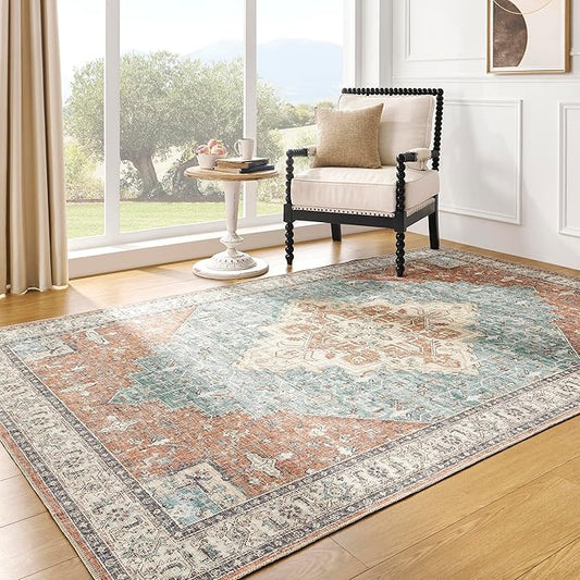 Bohemian Rug 5x7 for Living Room Washable Machine Weave Mid Century Modern Bright Colors Dynamic Colorful 70s Funky Vintage Area Rugs,Terracotta Rust Burnt Orange and Turquoise Blue