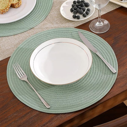 SHACOS Round Placemats Set of 6 Washable 15 inch Round Table Mats Cotton Polyester Woven Braided Place Mats for Dining Table, Sage Green