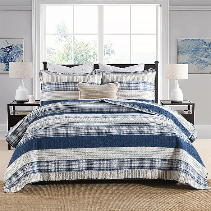 Homzard Queen Size Comforter Set - Blue White Tan Striped Queen Quilt Set,Plaid Striped Bedding Quilt, Farmhouse Bedspread Queen Size, Lightweight Bedding Quilts 3 Pieces All Season