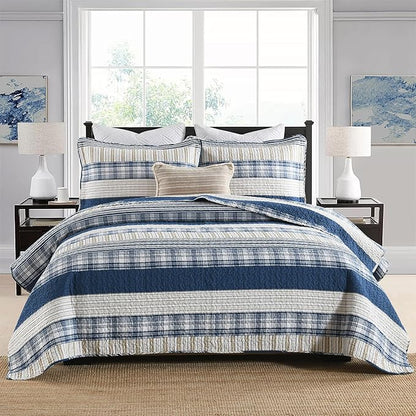 Homzard Queen Size Comforter Set - Blue White Tan Striped Queen Quilt Set,Plaid Striped Bedding Quilt, Farmhouse Bedspread Queen Size, Lightweight Bedding Quilts 3 Pieces All Season