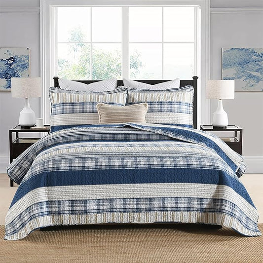 Homzard Queen Size Comforter Set - Blue White Tan Striped Queen Quilt Set,Plaid Striped Bedding Quilt, Farmhouse Bedspread Queen Size, Lightweight Bedding Quilts 3 Pieces All Season