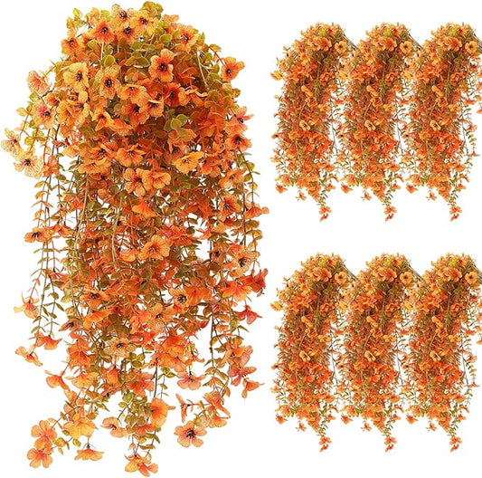 6 Pcs Artificial Fall Hanging Flowers Outdoor Silk Mum Plants Autumn Decor Faux Violet with Eucalyptus Realistic UV Resistant Trailing Vine Thanksgiving Porch Yard(Warm Color,Violet)