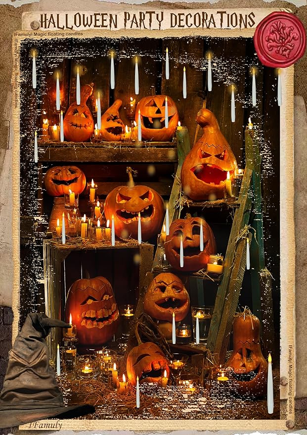 Halloween Decorations, 20 PCs Floating Candles with Wand, Magic Hanging Candles, Flickering Warm Light Flameless Floating LED Candle with Wand Remote, Battery Operated Taper Candle Set for Theme Party
