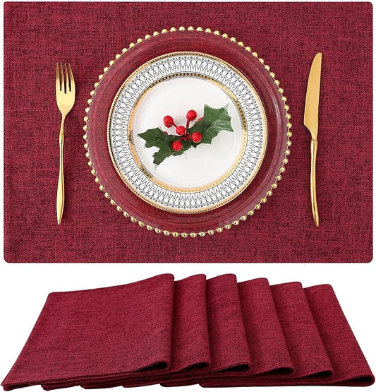 homing Red Cloth Placemats Set of 6 – Cotton Linen Blend Washable Farmhouse Dining Table Mats for Christmas, Easy to Clean, 13 x 19 Inch
