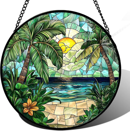 Stained Glass Window Hanging, Green Beach Scenery Suncatcher Diamond Glass Panel Hangings Sun Catchers Decor for Birthday for Women, Men, Wife, Aunt, and Mom 14.9x14.9 in