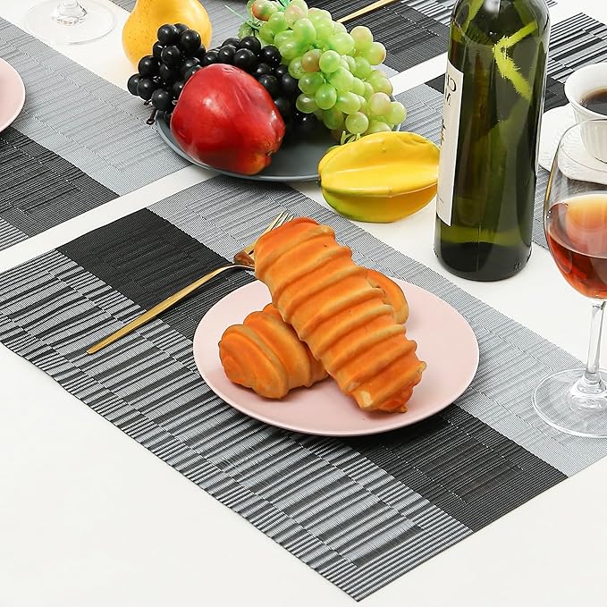 Leetaltree Grey with White Striped Placemats Set of 6 - Heat Resistant Non-Slip Place mats for Dining Table, Washable Durable PVC Vinyl Woven Table Mats（Grey Stripe, 6）