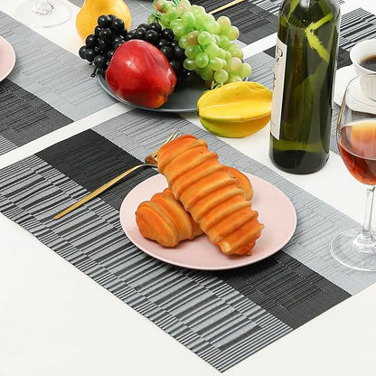 Leetaltree Grey with White Striped Placemats Set of 6 - Heat Resistant Non-Slip Place mats for Dining Table, Washable Durable PVC Vinyl Woven Table Mats（Grey Stripe, 6）