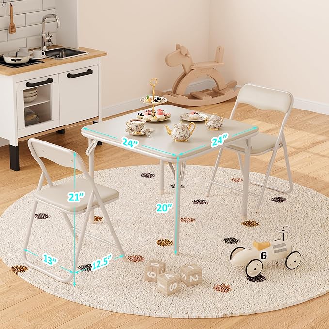 IDEALHOUSE Boys and Girls Folding Table and Chairs Set of 3, Portable Table and Chair with Pu Soft Cushion,Suitable for Eating,Reading and Playing