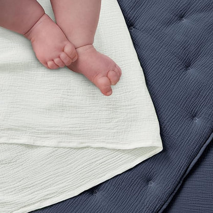 Levtex Baby - Cloud Muslin Crib Bed Set - Baby Nursery Set - Navy and White Stars - Navy Textured Muslin - 5 Piece Set Includes Quilt, Fitted Sheet, Two Swaddles & Bear Lovey