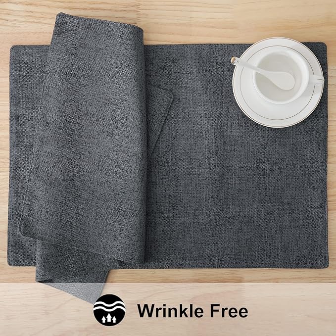homing Charcoal Cloth Placemats Set of 6 – Cotton Linen Blend Washable Farmhouse Dining Table Mats for Indoors & Outdoors, Easy to Clean, 13x 19 Inch