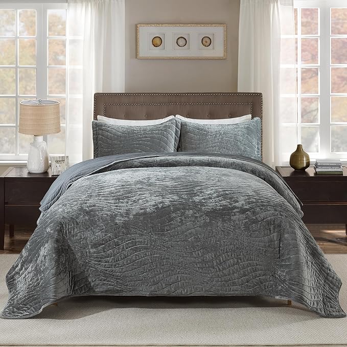 HoneiLife Velvet Quilt Sets Queen - Lightweight Bedspreads 3-Pieces, Wavy Coverlets Rustic Bed Cover Queen Quilt Bedding Sets for All Season Use, Grey