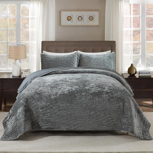 HoneiLife Velvet Quilt Sets Queen - Lightweight Bedspreads 3-Pieces, Wavy Coverlets Rustic Bed Cover Queen Quilt Bedding Sets for All Season Use, Grey