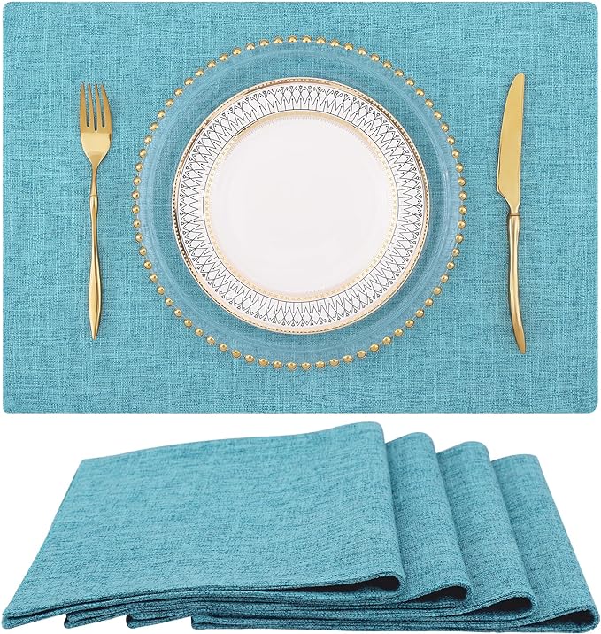homing Light Blue Cotton Linen Blend Placemats for Dining Table Set of 4 – Washable Farmhouse Kitchen Mats for Indoors & Outdoors, Easy to Clean, 13 x 19 Inch