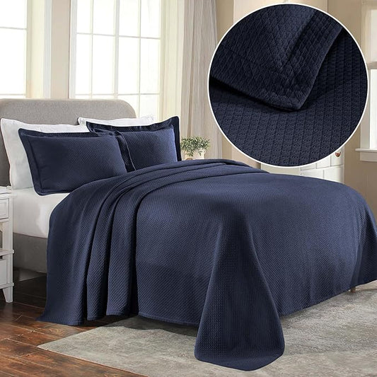 Superior Solitaire Cotton 3 Piece Bedspread Set, Home Bed Decor, Decorative Textured Bed Spread, 2 Pillow Shams, Airy Blanket, Matelasse Coverlet Bedding, All-Season Accent Blanket, King, Navy Blue