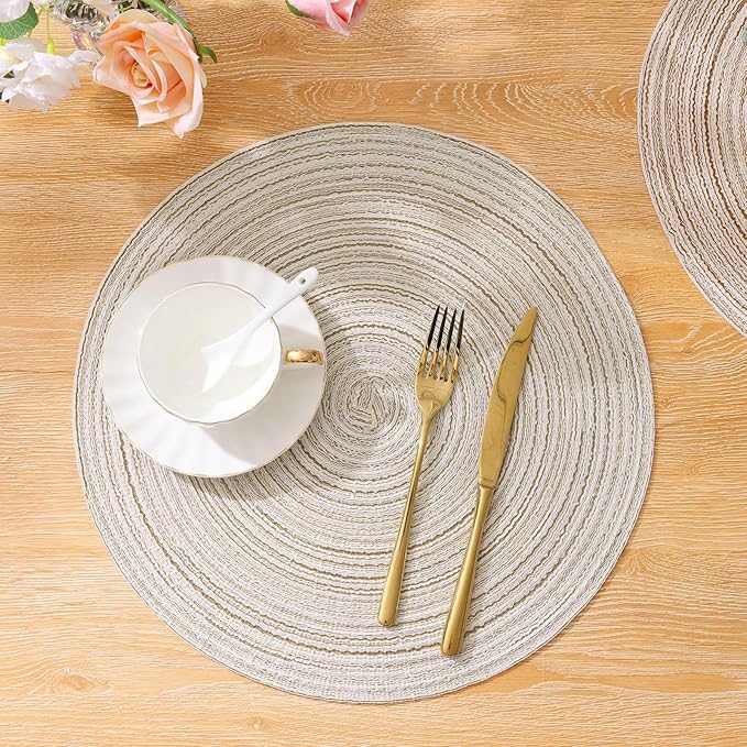 SHACOS Placemats Set of 8 Round Braided Place Mats 15 inch Washable Table Mats for Home Wedding Holiday Party (Ivory, 8)