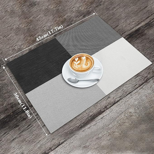HeloHo Placemats Set of 4 Black and White Grid PlacematsPlacemats Washable Vinyl Woven Table Mats Wipeable Dining Placemat for Kitchen Dining Table Decoration Indoor Outdoor