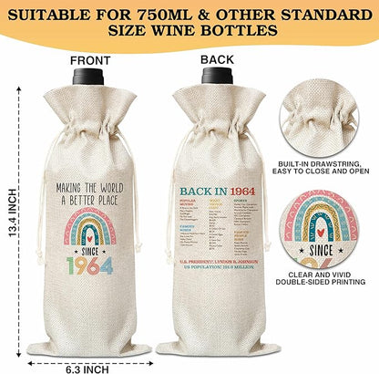 60th Birthday Gift For Women Men, Back In 1964 Birthday Wine Bag, Boho Rainbow Birthday Party Decoration Wine Bag Gifts, Happy 60th Birthday Decor For Mom Dad Grandma Grandpa, A05
