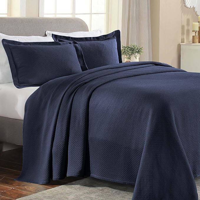 Superior Solitaire Cotton 3 Piece Bedspread Set, Home Bed Decor, Decorative Textured Bed Spread, 2 Pillow Shams, Airy Blanket, Matelasse Coverlet Bedding, All-Season Accent Blanket, King, Navy Blue