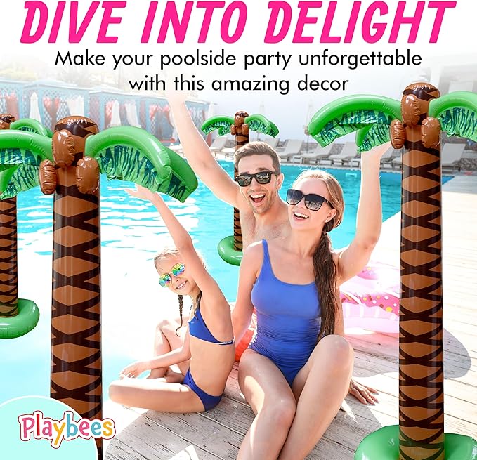 Giant Inflatable Palm Tree 6 Foot - 4PK - Beach Party Decorations for Summer Luau Themed Pool Party, Tropical Hawaiian Blow Up Palm Tree Favors - Poolside Ambiance, Easy Inflation