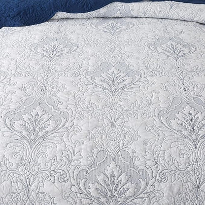 HoneiLife Queen Quilt Bedding Set - Microfiber Quilt Sets for Queen Bed, 3-Piece Lightweight Bedspreads,Reversible Coverlets Rustic Bed Cover, Floral Bedding Set All Season Quilts-Navy