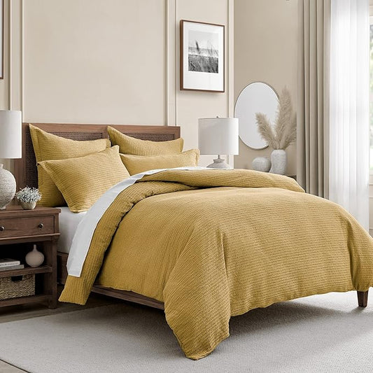 Levtex Home - Cloud Waffle Comforter Set - Twin Comforter + One Standard Pillow Case - Waffle Weave - Ochre - Comforter (68 x 88in.) and Pillow Case (26 x 20in.) - Cotton
