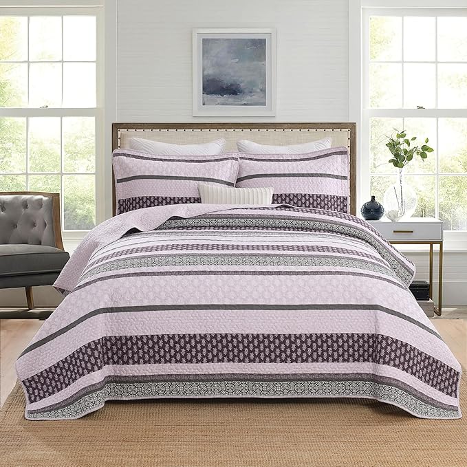 Homzard King Size Comforter Set, Cotton Quilt, Purple and Grey Bedding Set, Lightweight Striped Bedspread, Reversible Coverlet King Size (106"X98") with 2 Pillow Shams All Season