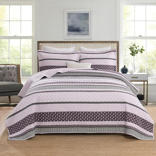Homzard King Size Comforter Set, Cotton Quilt, Purple and Grey Bedding Set, Lightweight Striped Bedspread, Reversible Coverlet King Size (106"X98") with 2 Pillow Shams All Season