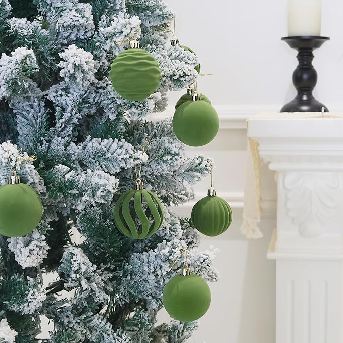 Senjie 3.15inch Christmas Tree Ornaments Velvet Balls,12PCS Flocked Decoration Balls Ornaments Sets for Christmas 2025 Green