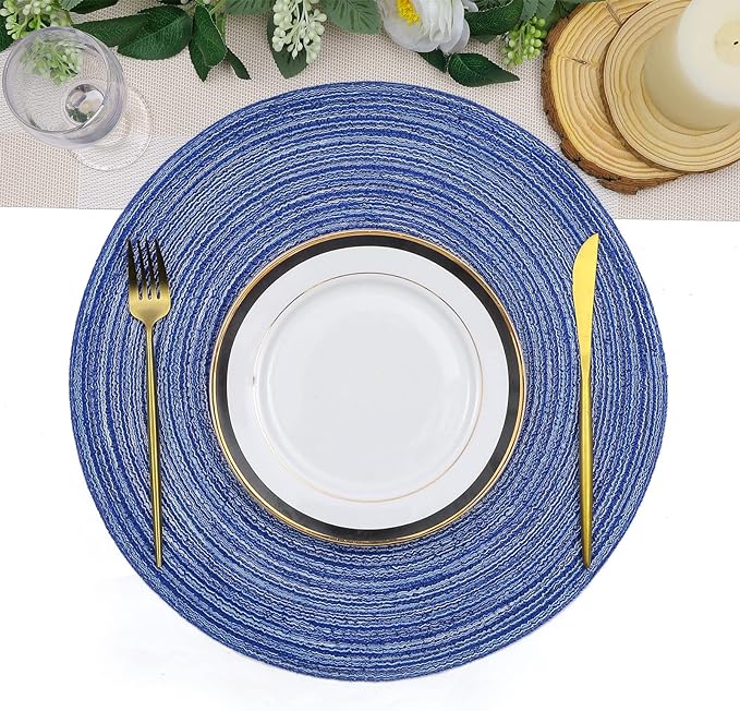 SHACOS Round Braided Placemats 15 inch Set of 4 Washable Kitchen Table Placemats for Home Wedding Party (Blue White, 4)
