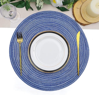 SHACOS Round Braided Placemats Set of 8 Round Table Mats for Dining Tables Washable Fabric Kitchen Table Place Mats (Blue White, 8)