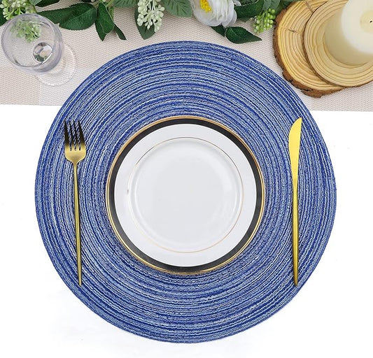 SHACOS Round Braided Placemats 15 inch Set of 6 Washable Kitchen Table Placemats for Home Wedding Party (Blue White, 6)