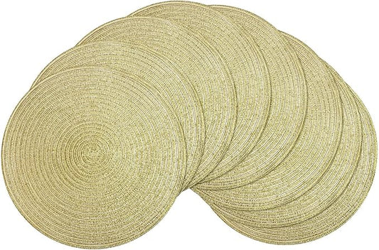 SHACOS Glitter Gold Round Braided Placemats Set of 8 Sparkle Washable 15 inch Round Table Mats Woven Place Mats for Dining Table (Gold, 8)