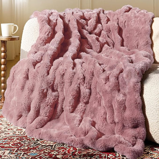 Ultra Soft Cozy Faux Fur Throw Blanket, Fuzzy Plush Thick Bubble Blanket, Oversize Luxury Fluffy Blanket for Couch, Sofa, Bedroom, and Living Room,50x60 Inches,Pink