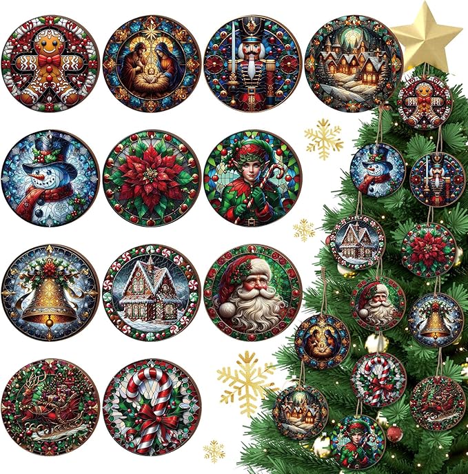 Suzile 36 Pcs Christmas Wooden Ornaments Vintage Christmas Decoration Oil Painting Round Ornaments Retro Santa Claus Gingerbread Man Hanging Decoration for Xmas Farmhouse Home Winter Party