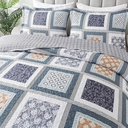NEWLAKE Quilt Bedspread Sets - Bohemian Farmhouse Pattern Reversible Coverlet Set, Queen Size