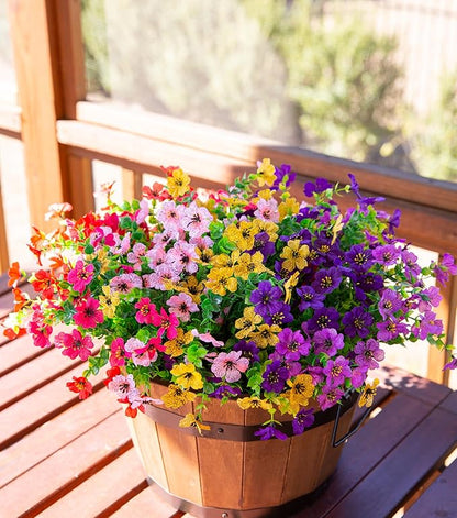 Artificial Flowers for Outdoor Indoor Garden Home Decoration, Faux Flower Daisy with Eucalyptus Leaves Fake Plants Greenery Boxwood Porch Patio, 12 Bundles (6 Multicolor)