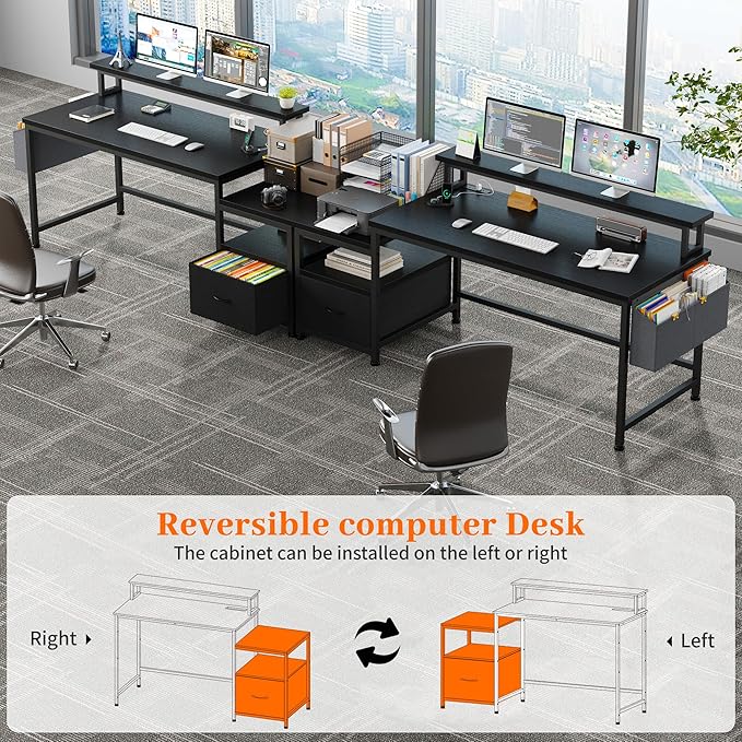 EnHomee 57" Computer Desk with Drawers and Printer Space,Office Desk with Power Outlets,Home Office Desks with File Drawers Cabinet,Study Writing and Gaming Desk with Shelves Monitor Stand,Black