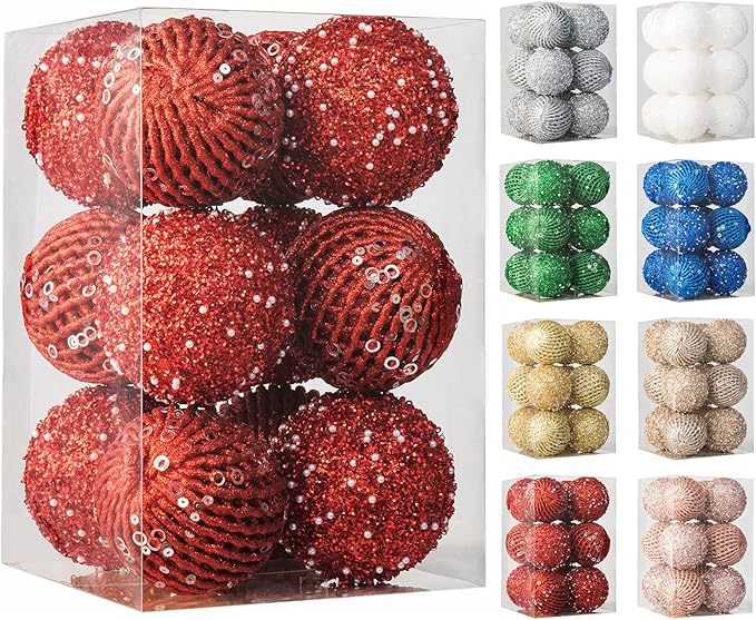 3.15" Christmas Ball Ornaments Glitter Shatterproof Christmas Tree Ornaments Sequin Xmas Hanging Balls Decorations for Wedding Party Holiday(Red, 12pc-8cm)