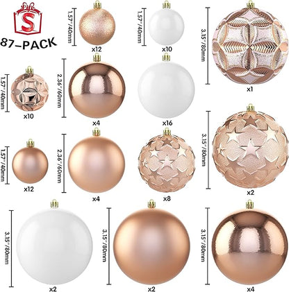 87ct Christmas Ball Ornaments Set Shatterproof Seasonal Hanging Decorations with Reusable Hand-held Gift Package for Xmas Tree Holiday Party and Home Decor, Rose Gold