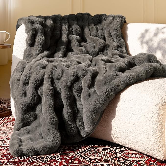 Ultra Soft Cozy Faux Fur Throw Blanket-Fuzzy Plush Thick Bubble Blanket, Fluffy Blanket for Couch, Sofa, Bedroom, and Living Room, 50x60 Inches, Dark Grey