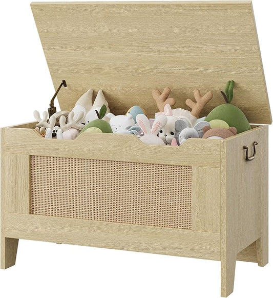IDEALHOUSE Storage Chest, Rattan Toy Chest, 30" Wooden Storage Bench with Safety Hinge, Blanket Chest, Entryway Bench, Supports 350 lb, Storage Trunk for Living Room, Bedroom, Playroom, Natural Oak